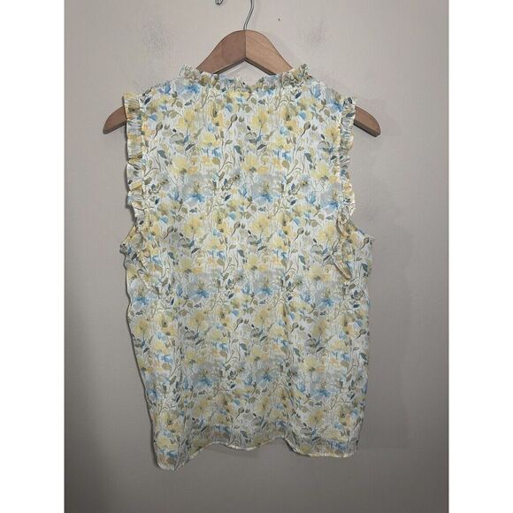 Rachel Zoe Sleeveless Top Yellow Blue Floral Silver Shimmer Large Ruffle‎ V Neck - Picture 3 of 8